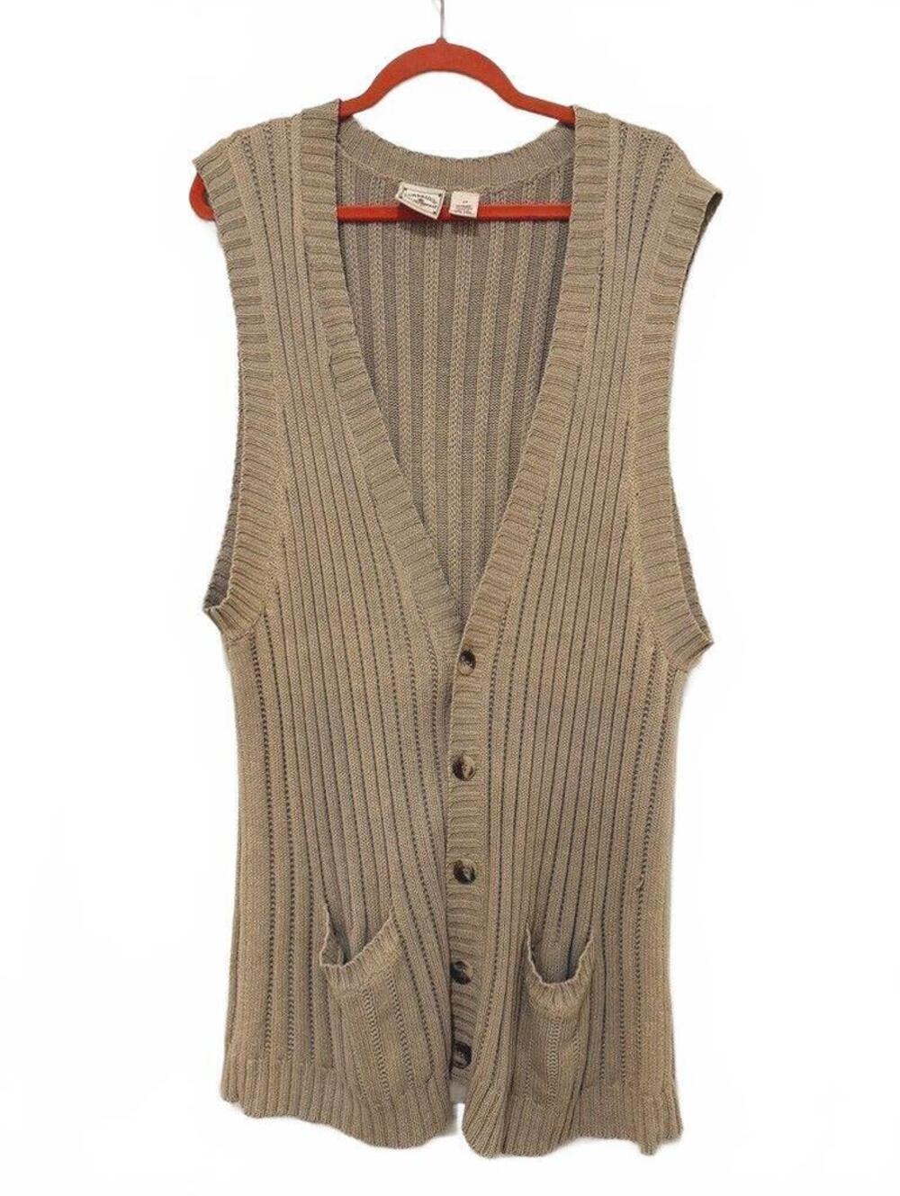 Vintage Cambridge Classics Long Sleeveless Cardigan Vest Large Tan Ribbed Knit